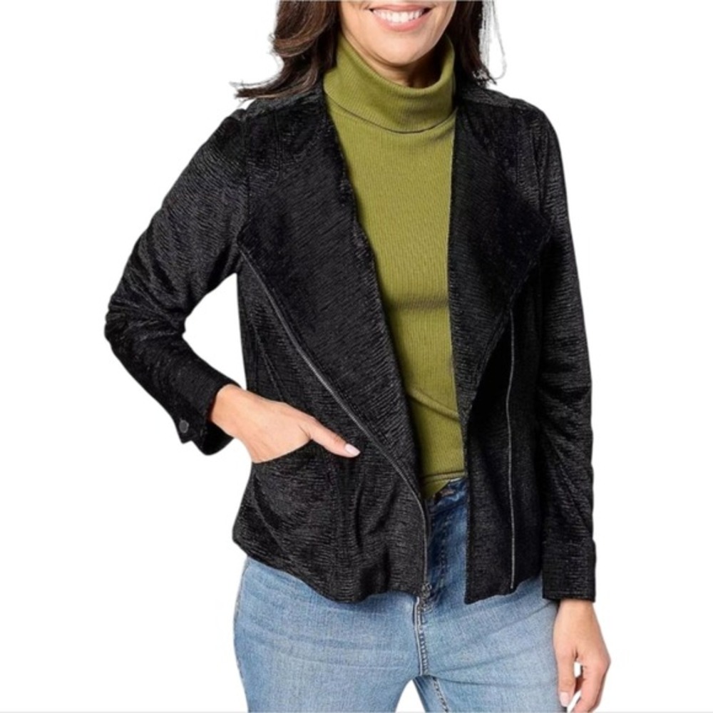 Isaac Mizrahi Live! Crushed Velvet Zip Front Moto Jacket Pitch Black Plus‎ 1X